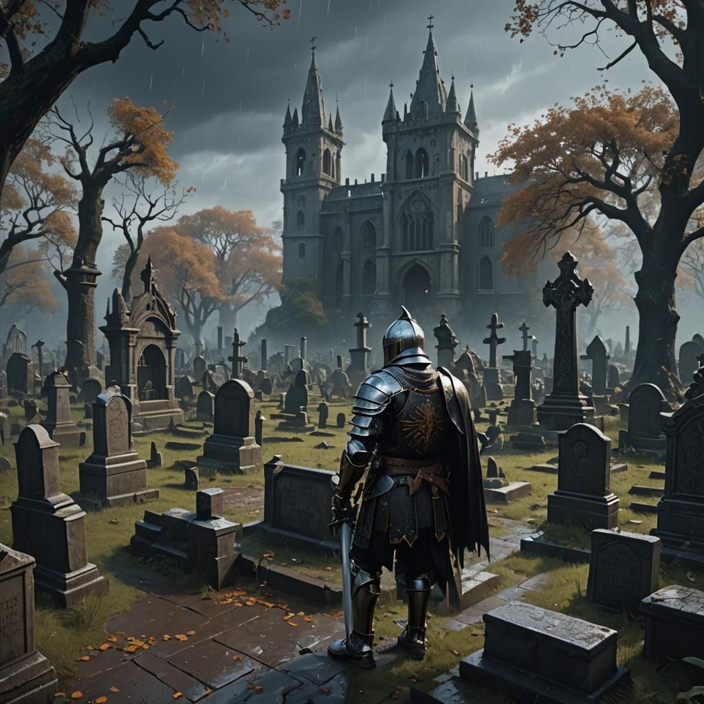 Knight in Graveyard During Storm: Fantasy Art