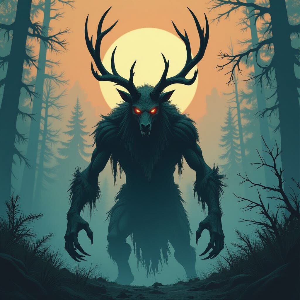 Haunting Wendigo in a Mystical Landscape as Matte Painting