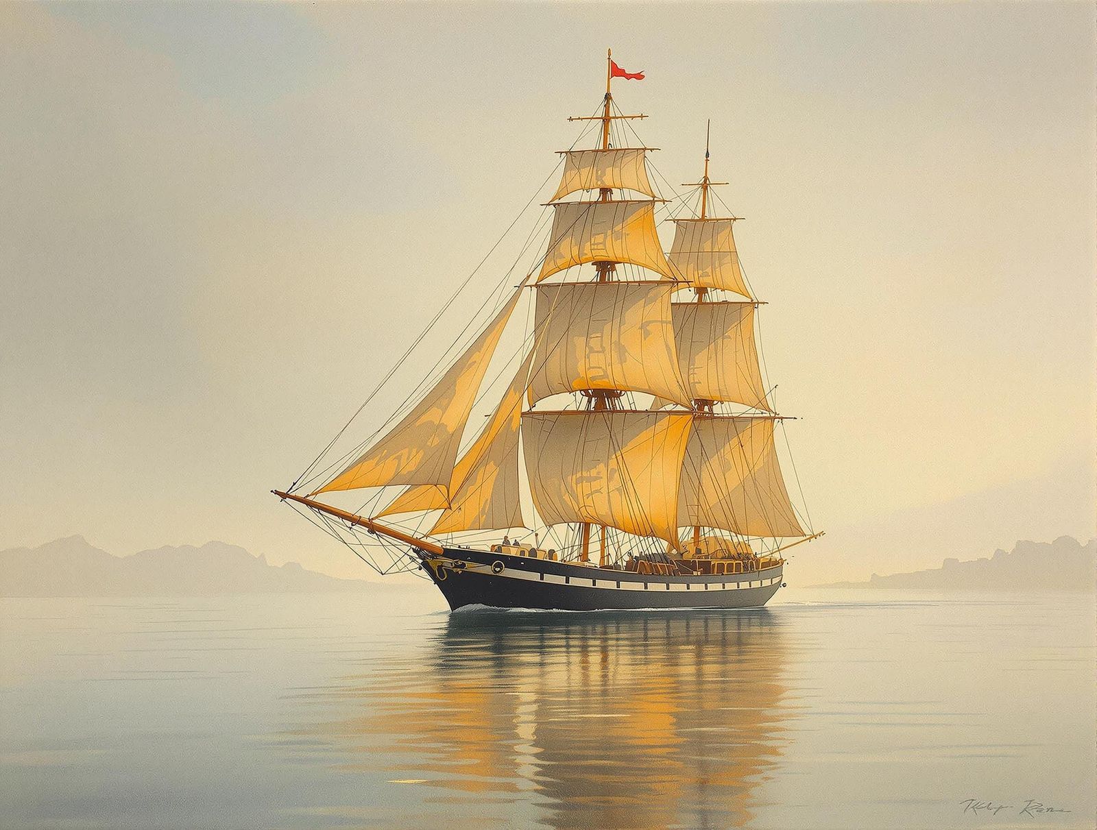 Tranquil Maritime Scene with Weathered Sailing Ship