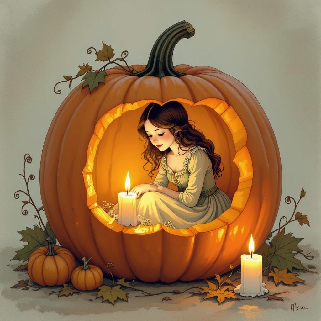 Tiny Woman in Pumpkin Home by Candlelight