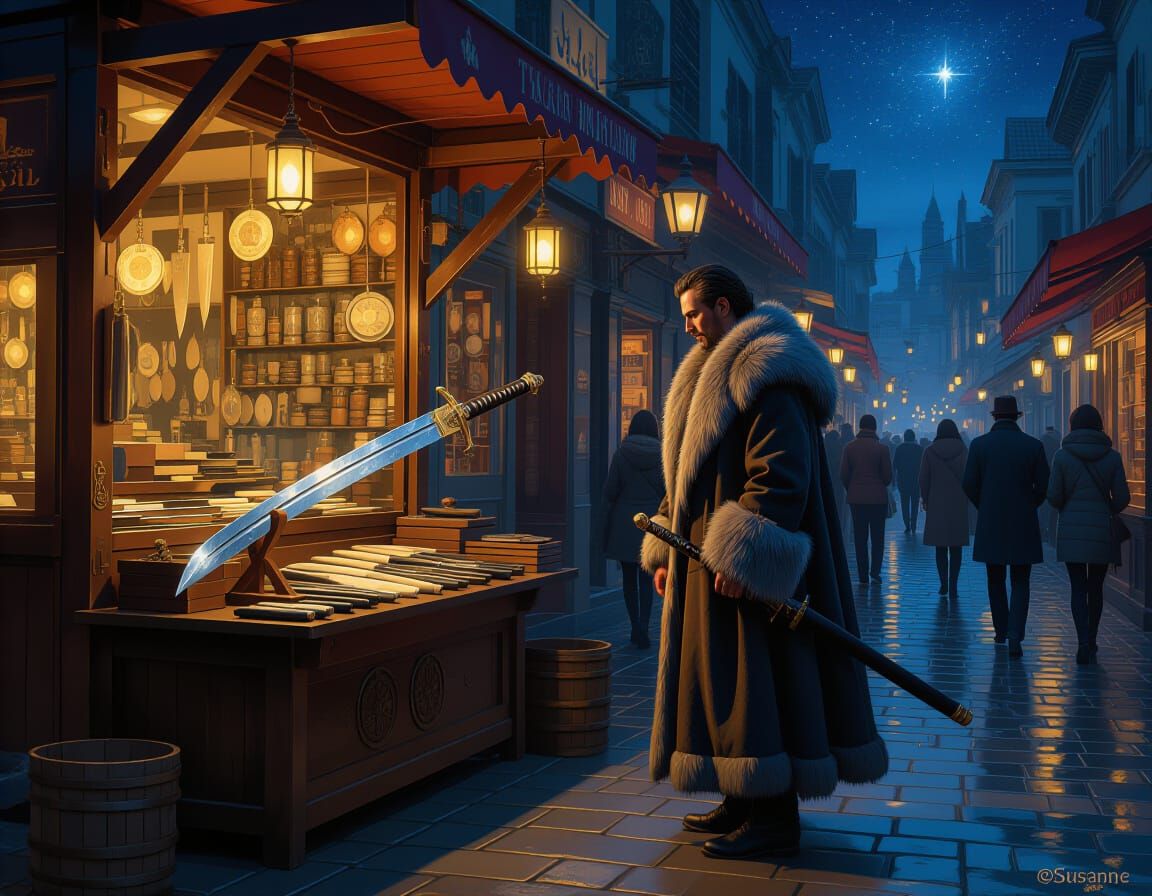 Street Stall Sword Display: Oil Painting with Grunge Texture