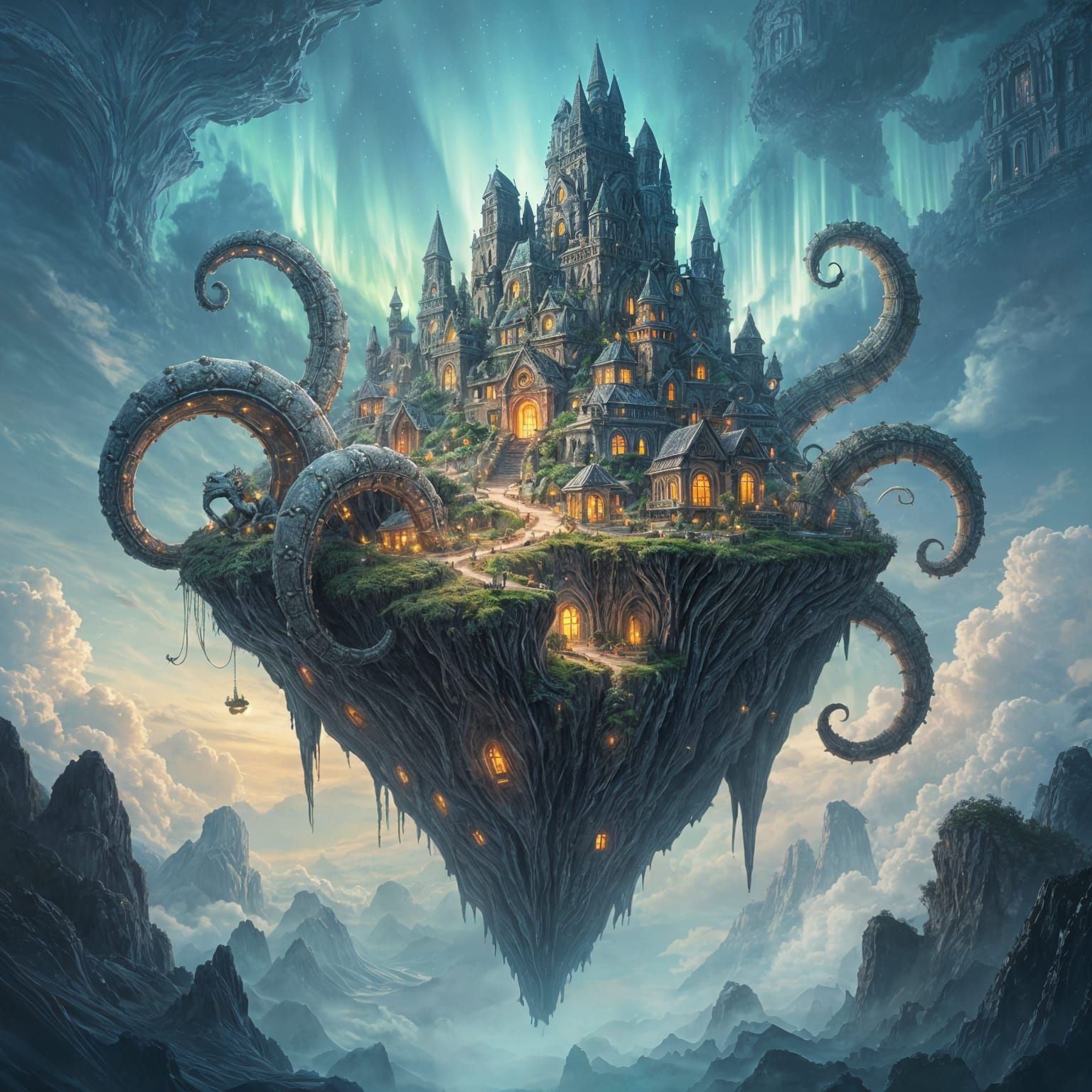 Kraken Island: Fantasy Village Amidst Aurora Lights