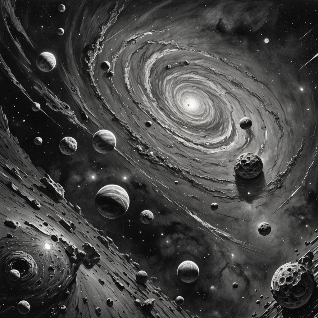 Dramatic Charcoal Galaxy with Asteroid Fragments