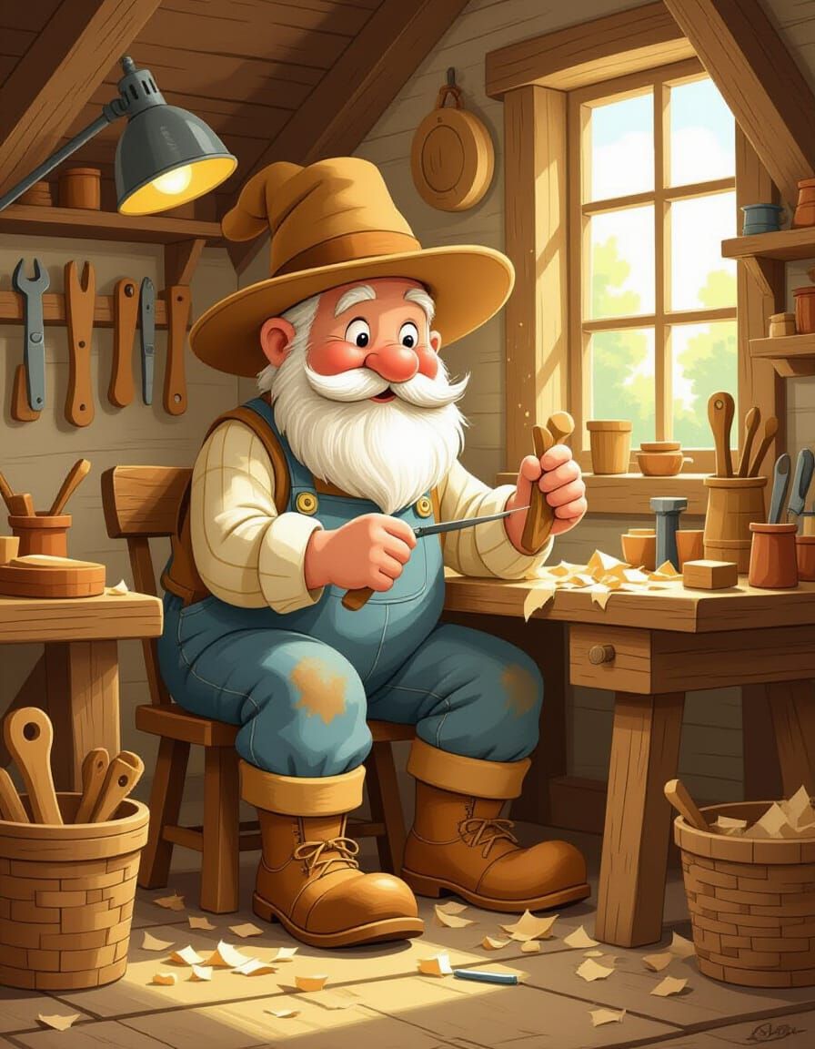 Whimsical Wood Cobbler at Workbench in Children's Book Style