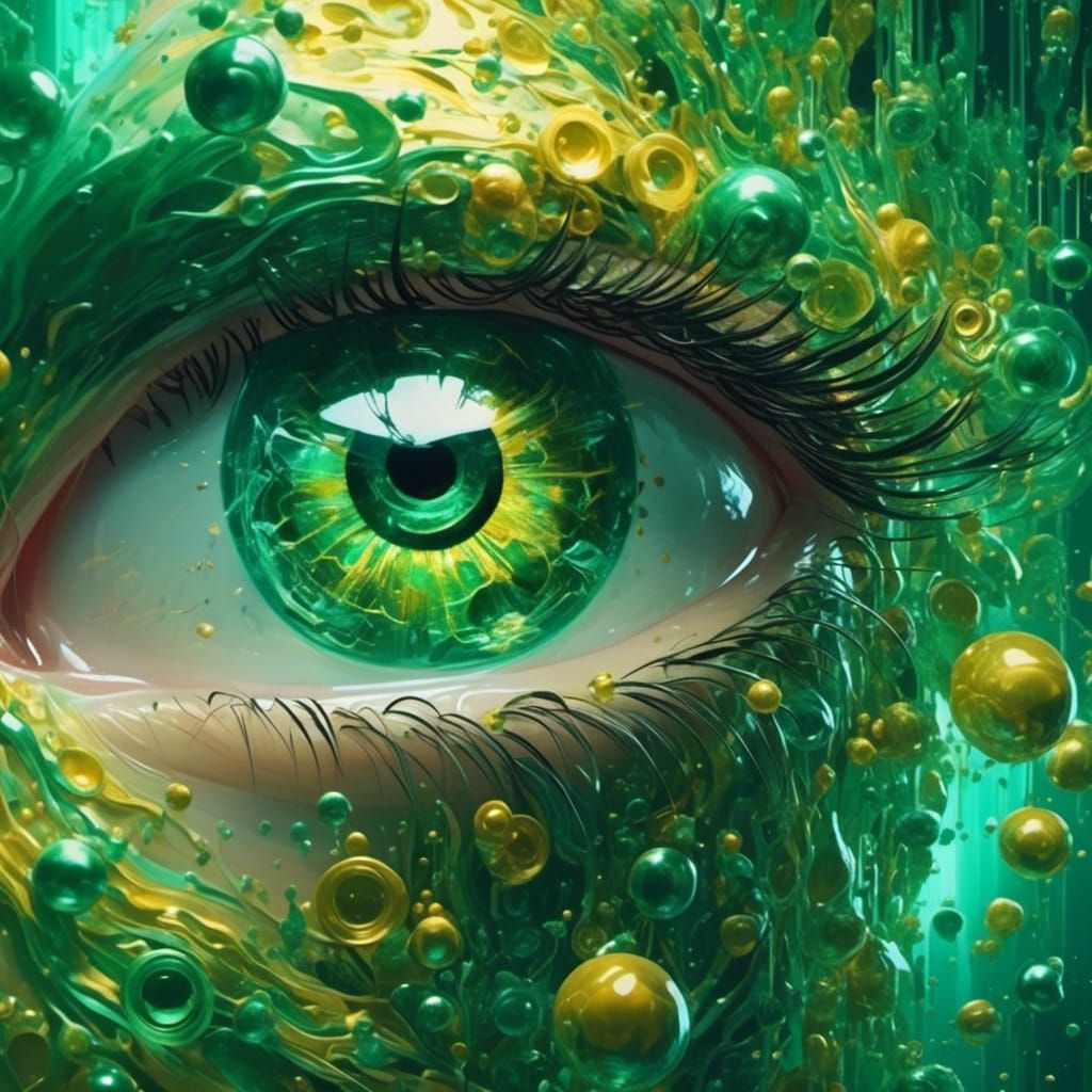 Hyperrealistic Green Eye Amidst Money