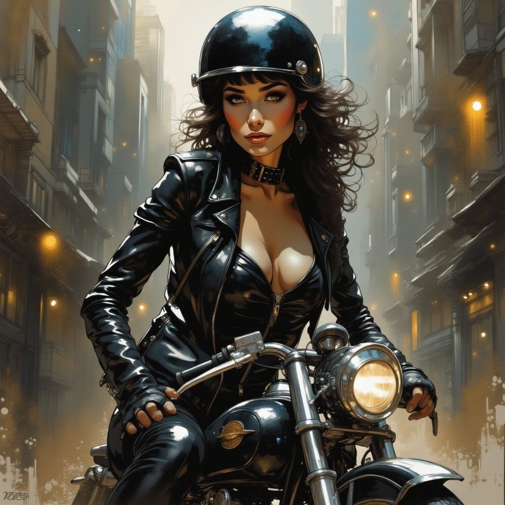 Motorcycle Rider in Impasto Style, Cinematic Backdrop