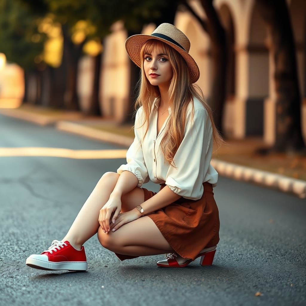 Young Woman in Roman Fashion with Red Sneakers