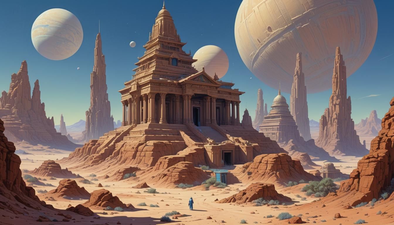 Desert Temple Pixel Art with Saturn