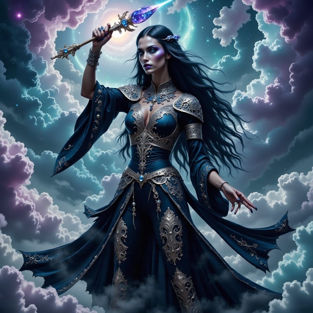 Dark Elf Fantasy Magician in Turquoise and Purple Velvet Rob...