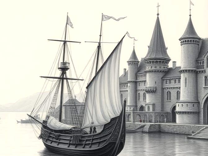 Ethereal Elven Ship Departs Grey Havens at Sunrise