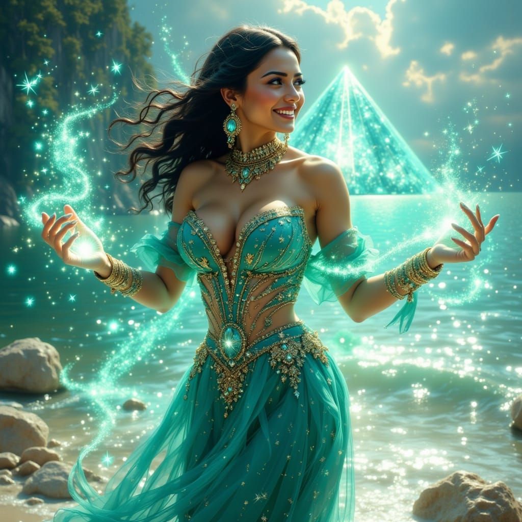 Latina Enchantress Conjuring Magic Lights in Turquoise Style