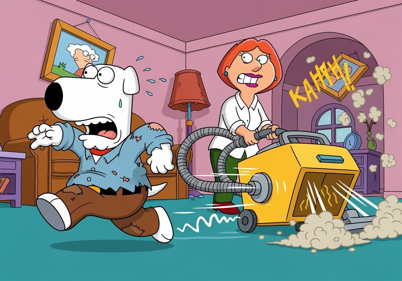 Brian Griffin Flees Lois Griffin's Vacuum Cleaner