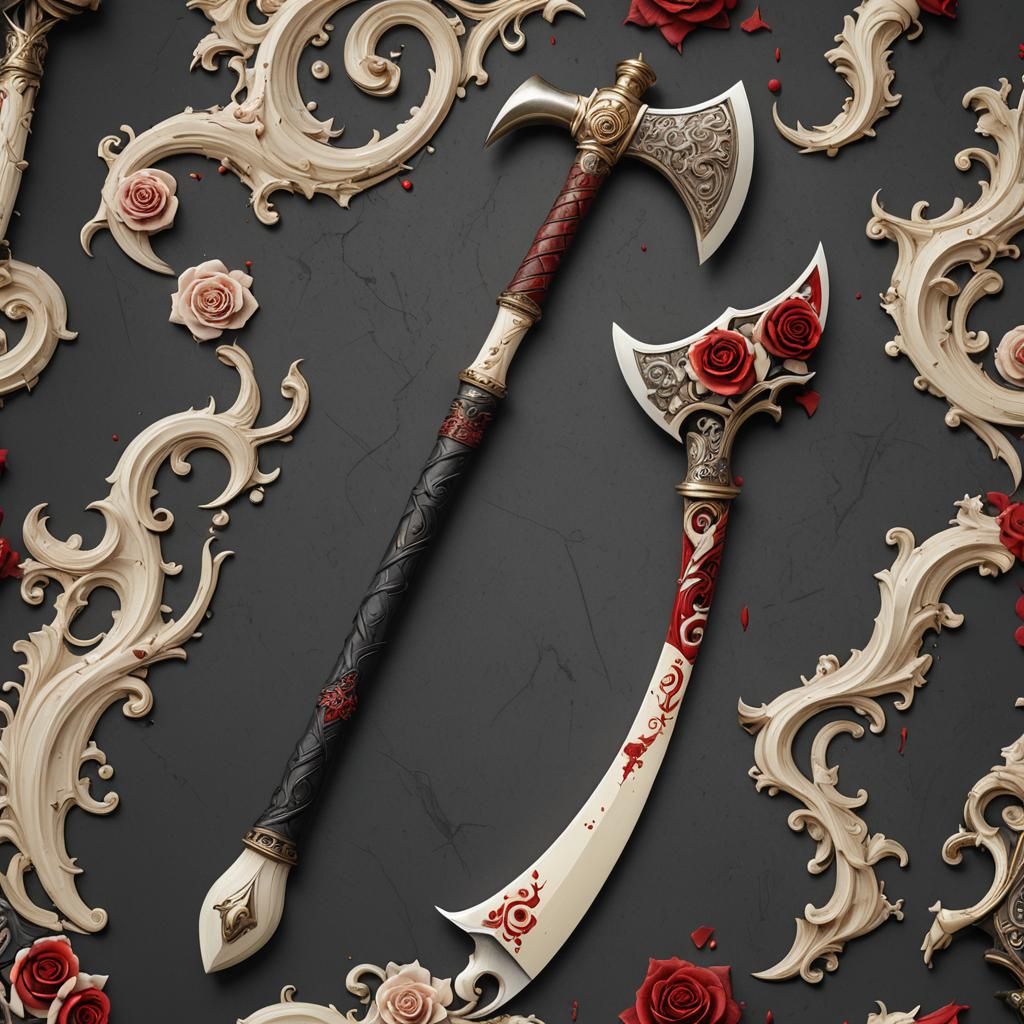 Ivory Poleaxe with Rose Swirls and Red Spike