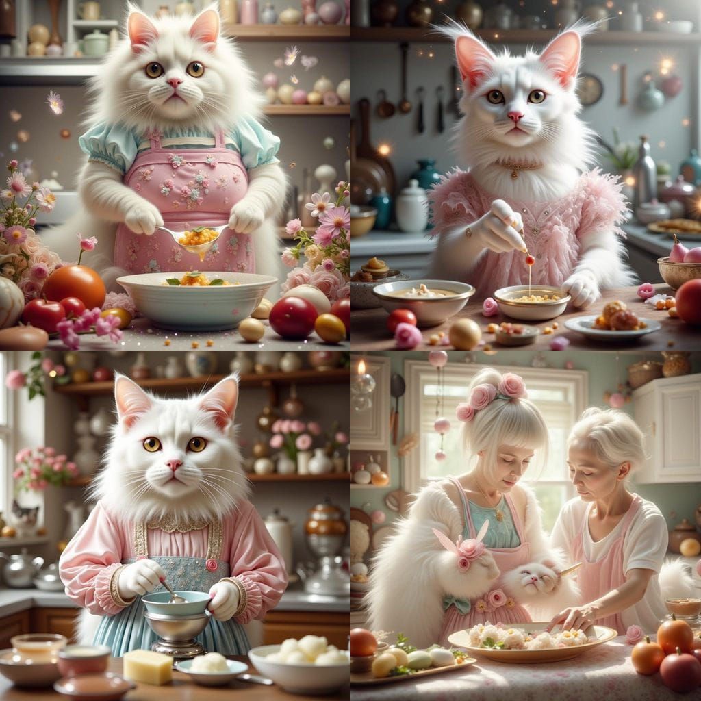 Magical Cat Cooking in Pastel Kitchen