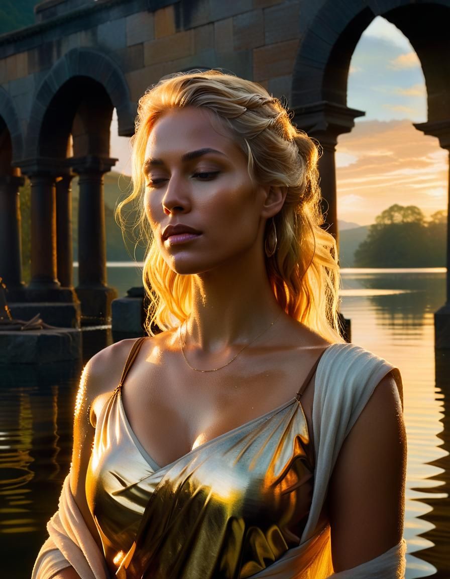 Renaissance Woman Washing Hair at Sunrise, Oil Painting