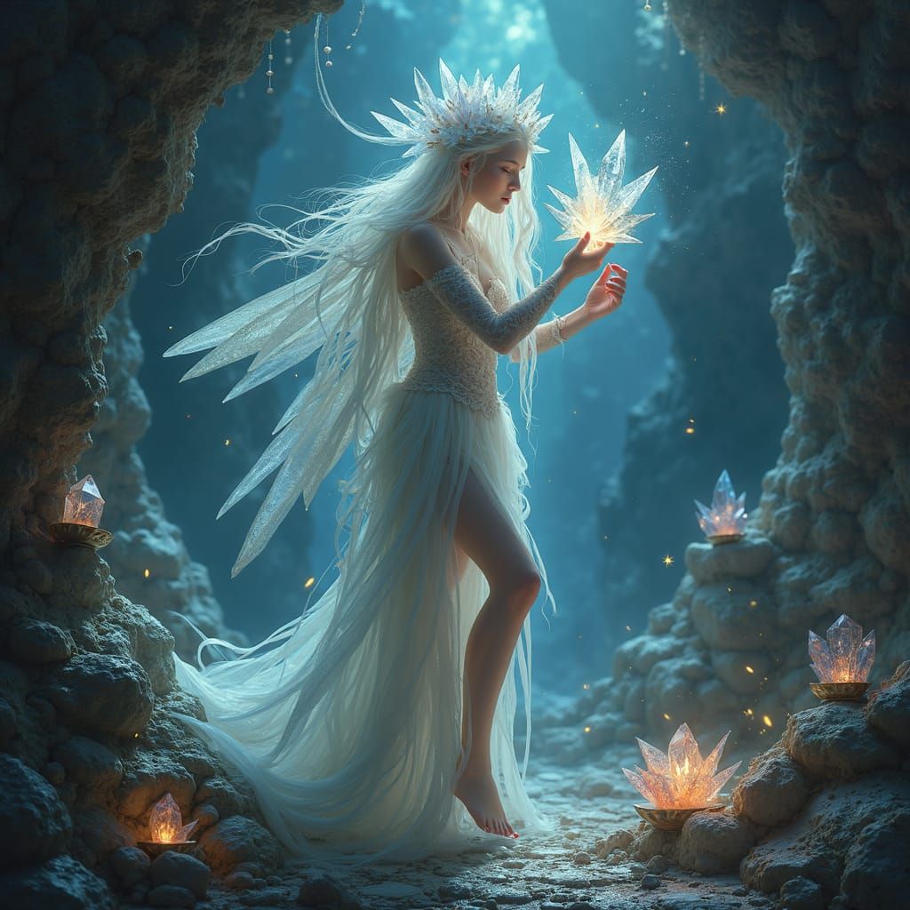 Crystal Fairy in Grotto: Hyperrealistic Digital Art
