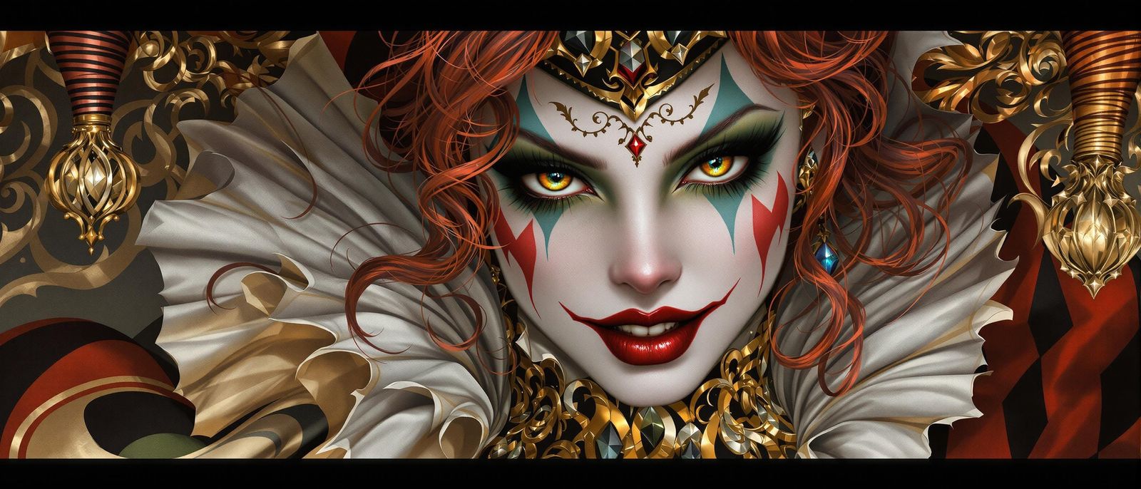 Vibrant Harlequin Queen with Intricate Details and Red Hair