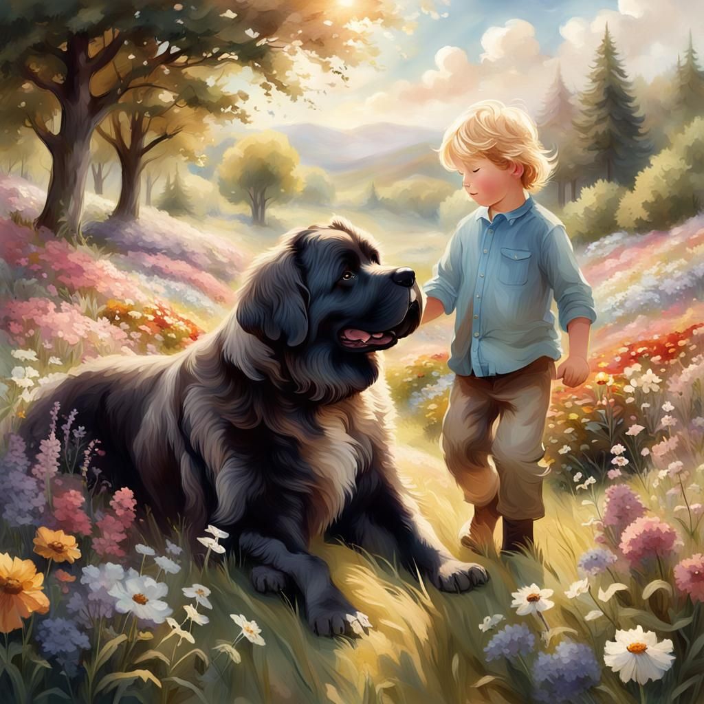 Boy and Newfoundland Dog in Flower Meadow