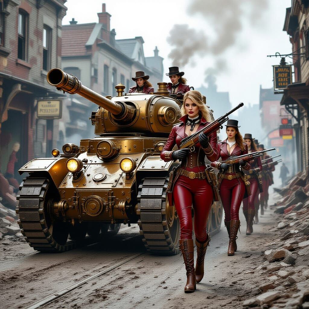 Steampunk Tank and Soldiers in Ruined City