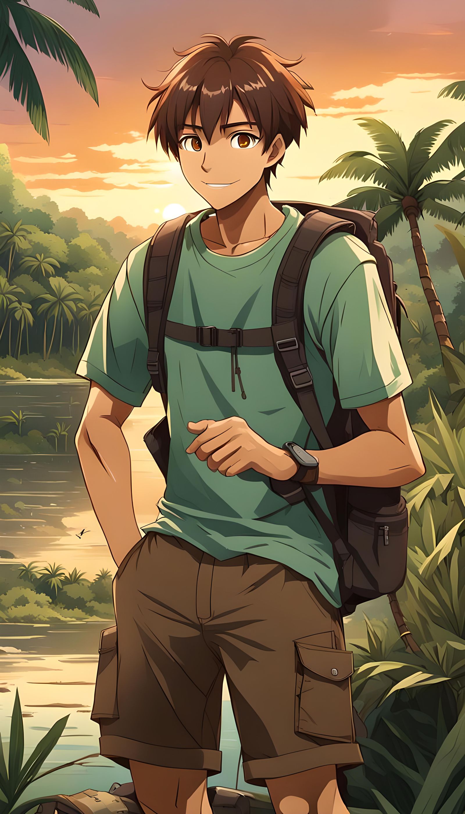 Anime Boy Explorer in Amazon Jungle at Sunset