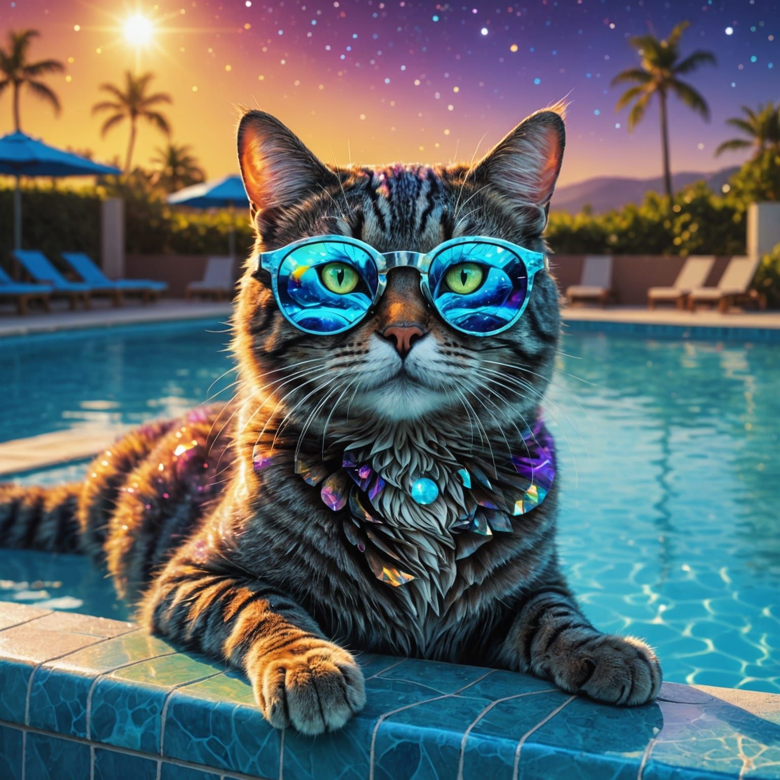 Cat in Sunglasses by Pool: Astral Illustration