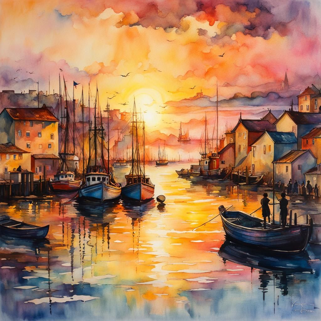 Fantasycore Fishing Port Seascape at Sunset
