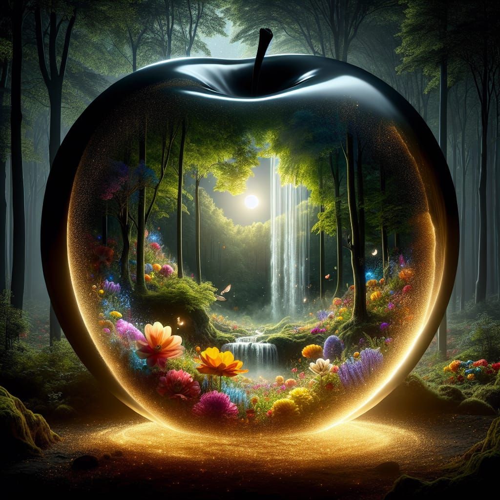 Moonlit Forest Waterfall Inside Translucent Apple
