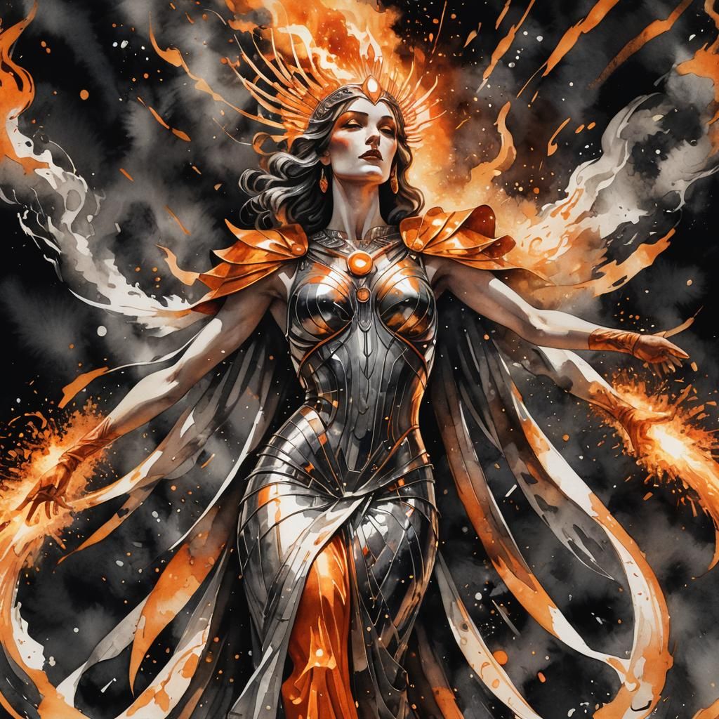 A dramatic Art deco Watercolor Smokey Goddess of molten meta...