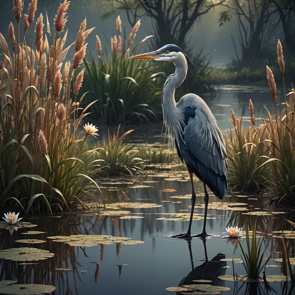 Heron in Swamp: Dark Fantasy Concept Art