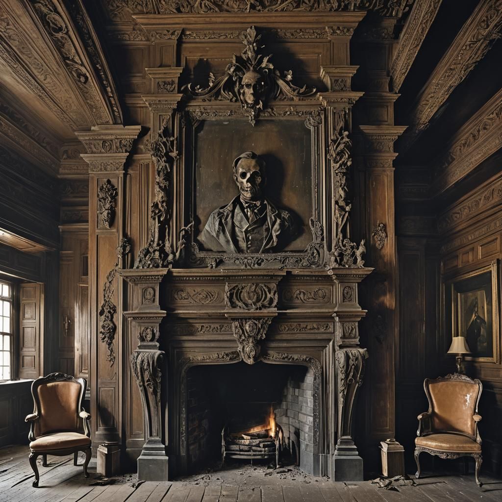 Sinister Fireplace Portrait in Dark Hall