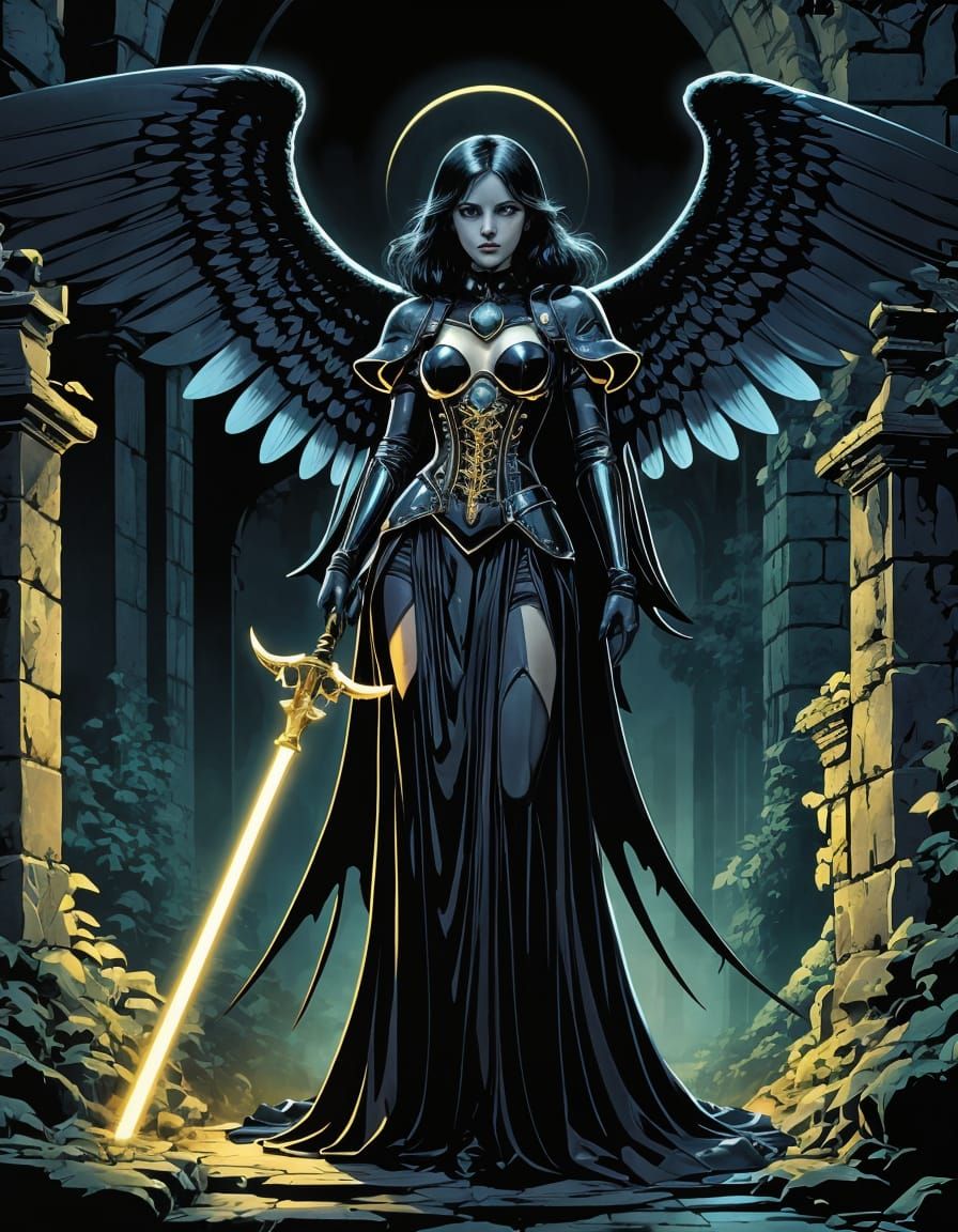 An angel of death stands in a dark realm.