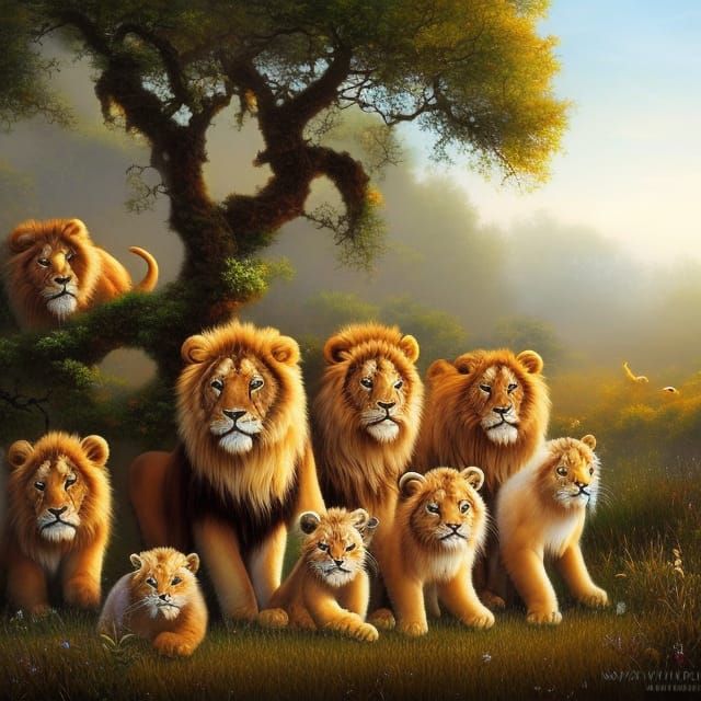 Playful Baby Lions in a Whimsical Savanna Painting