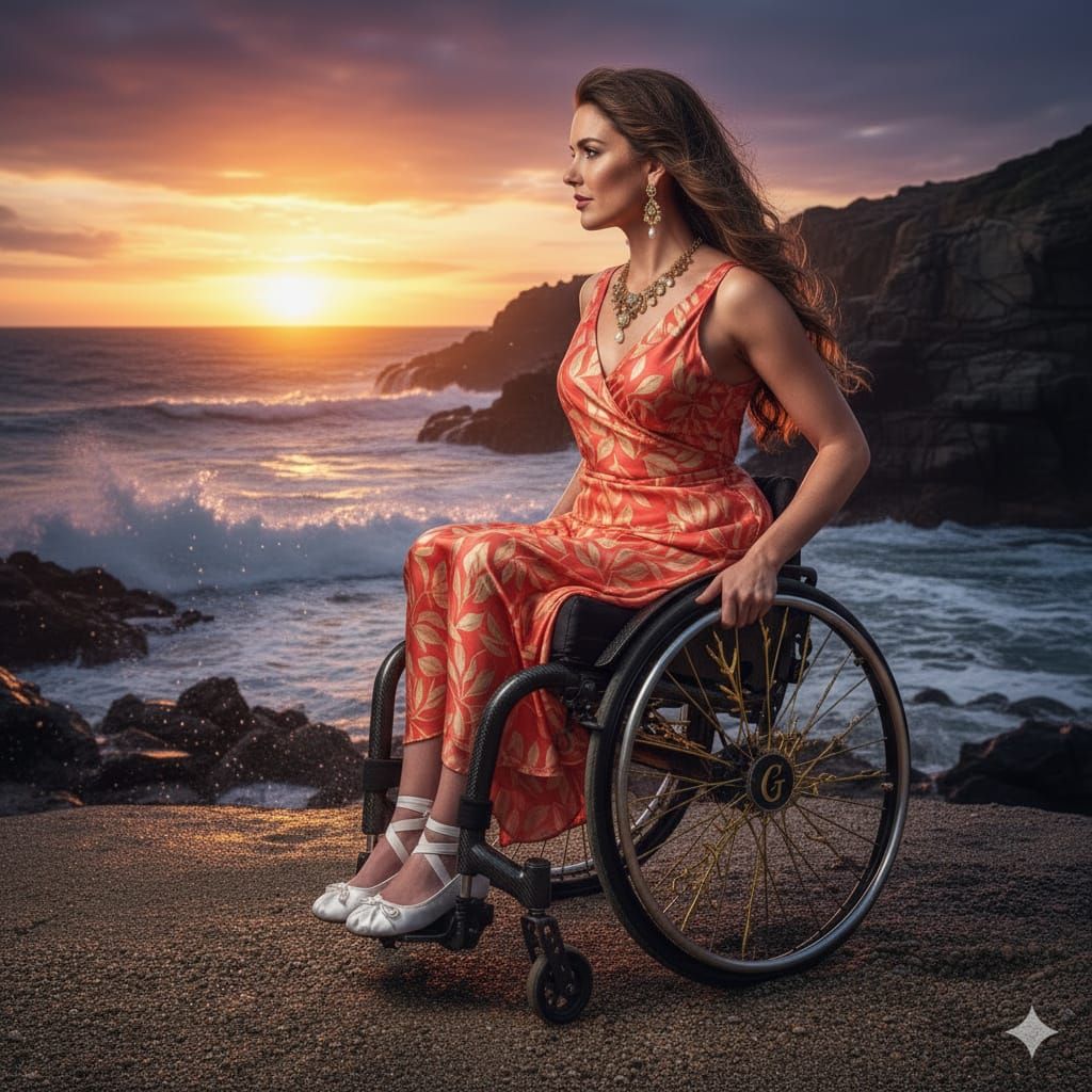 Glamorous Woman in Wheelchair on Windswept Coast at Sunset