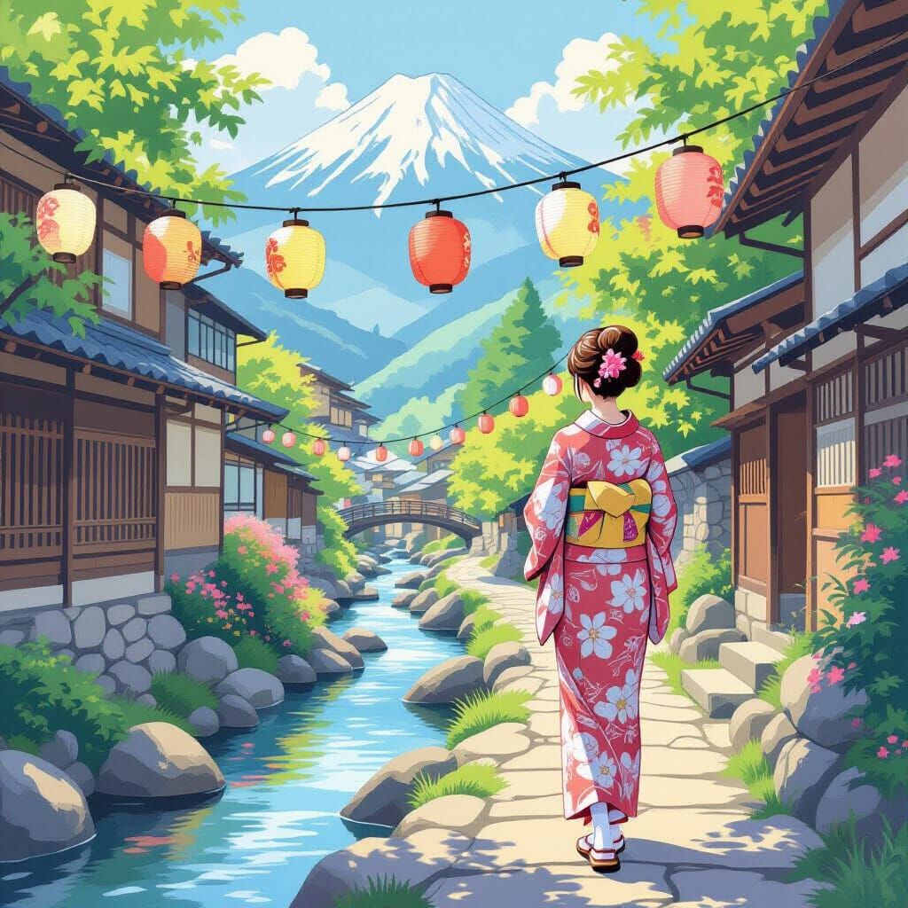 Tranquil Japanese Creek with Lanterns in Miyazaki Style