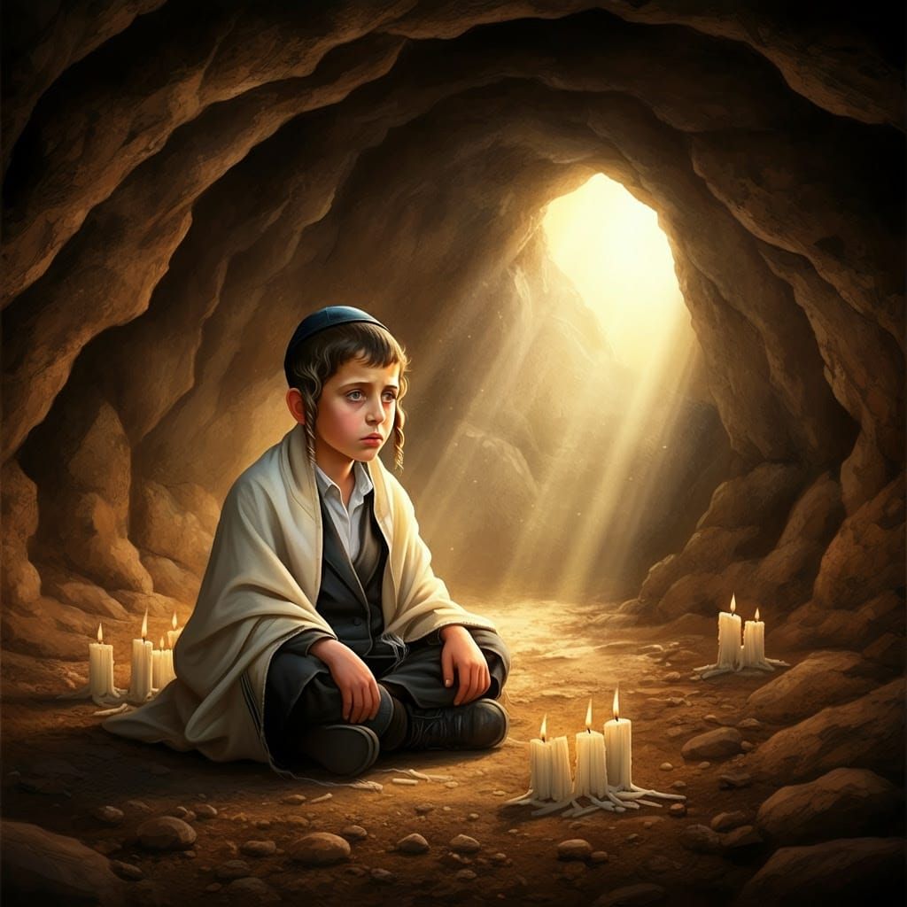 Hasidic Boy Contemplates Hope in Ancient Cave