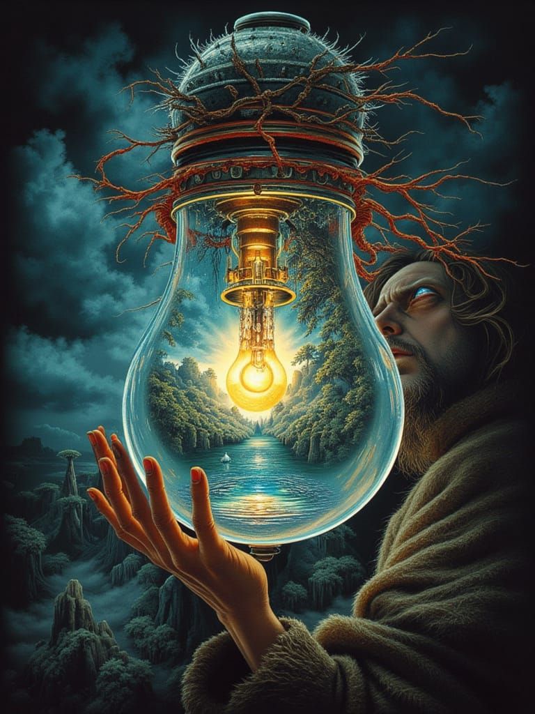 Man Holds Lightbulb With Garden Sunset Inside