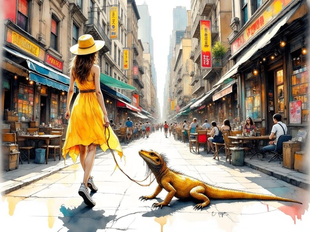 Woman Walks Dragon in Vibrant Ink Illustration