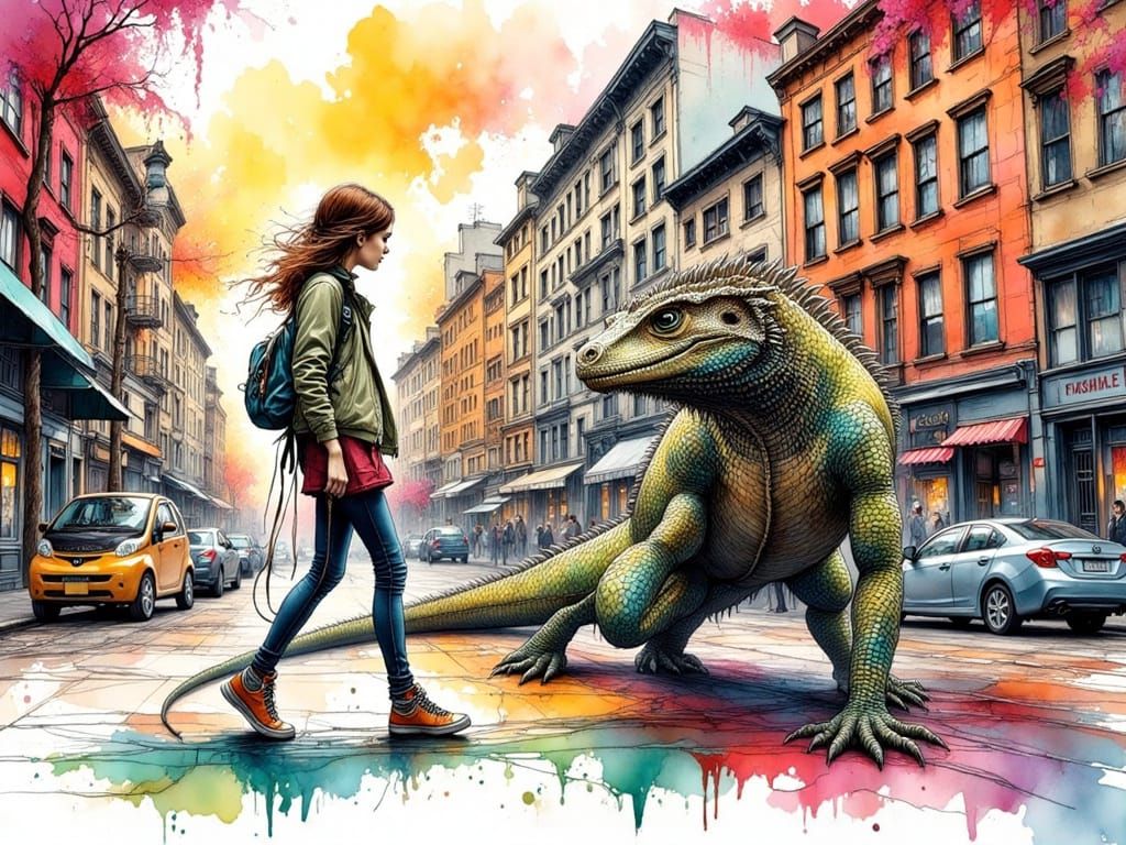 Woman Walks Komodo Dragon in Vibrant Cityscape