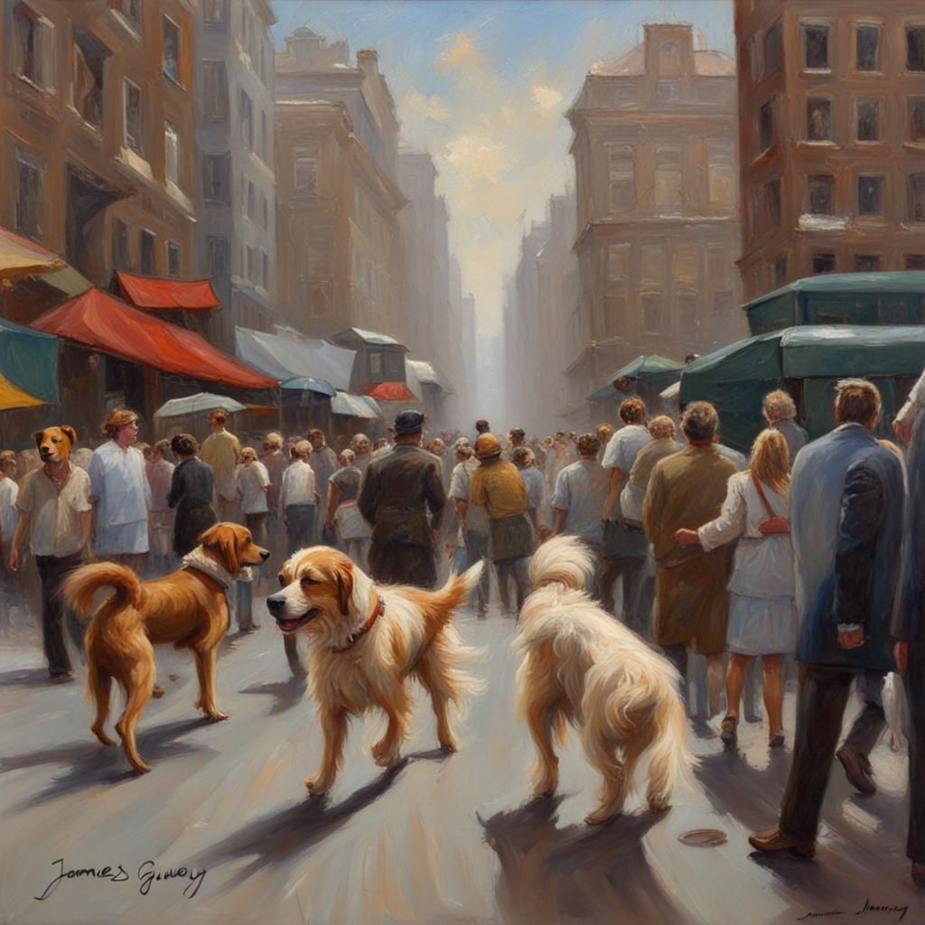 Dog in City, Oil Painting Style