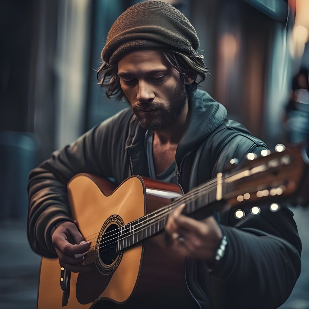 Detailed Photo of Homeless Man Playing Guitar
