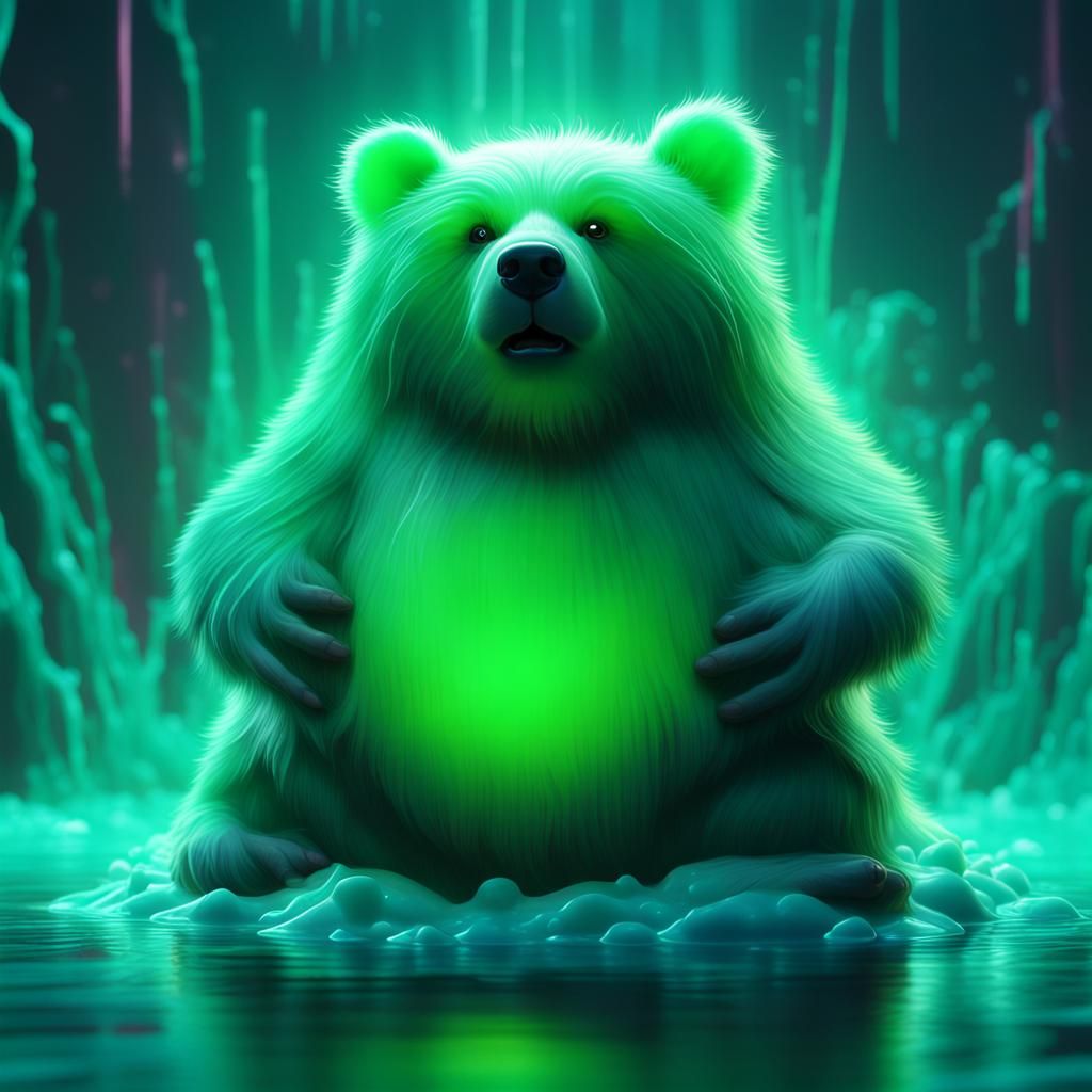 Bioluminescent Furry Bear in Slime Spring: 3D Render