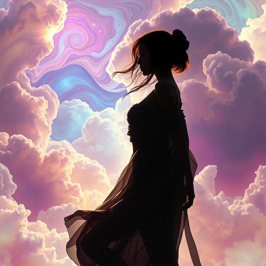 Ethereal Fantasy Goddess in Whispers of Iridescent Clouds