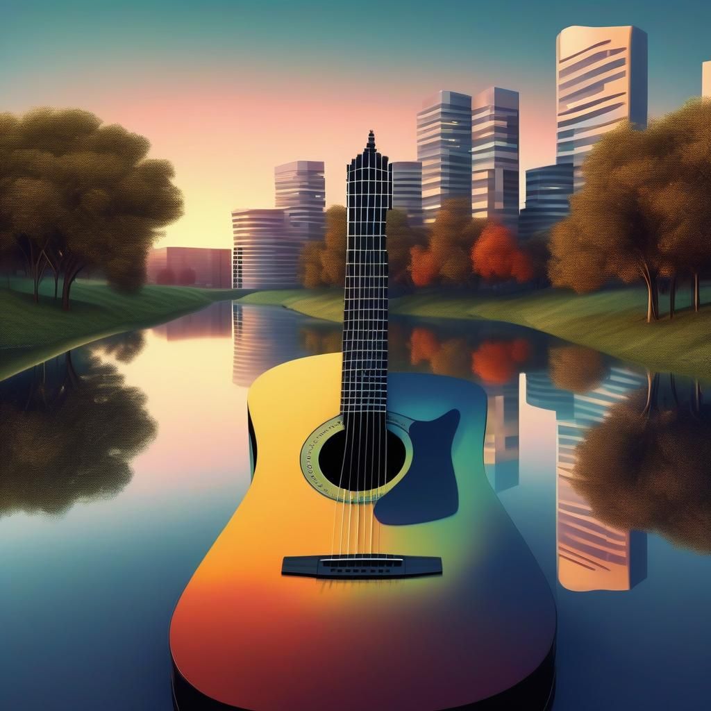 A riverbank at dusk, (((optical optical illusion of a guitar formed on the horizon))) + ((with trees forming the body of...