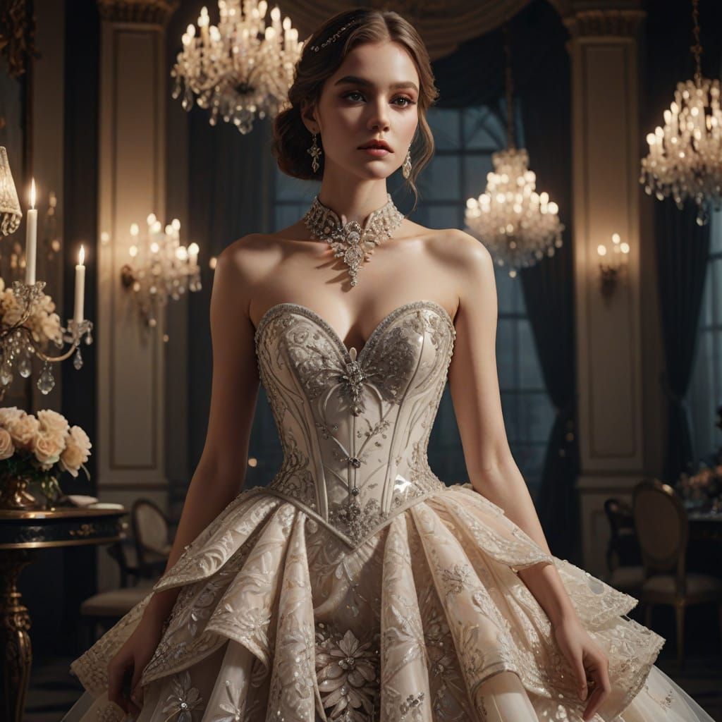 Elegant Woman in Couture Ivory Corset Gown