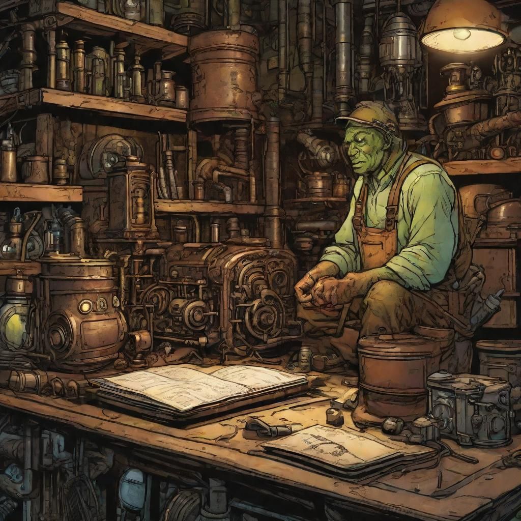 Goblin Mechanic in Steampunk Engine Room: Comic Art