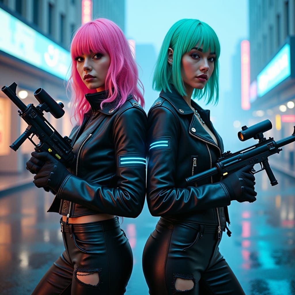 Cyberpunk Girls with Paintball Machines in Dystopian City