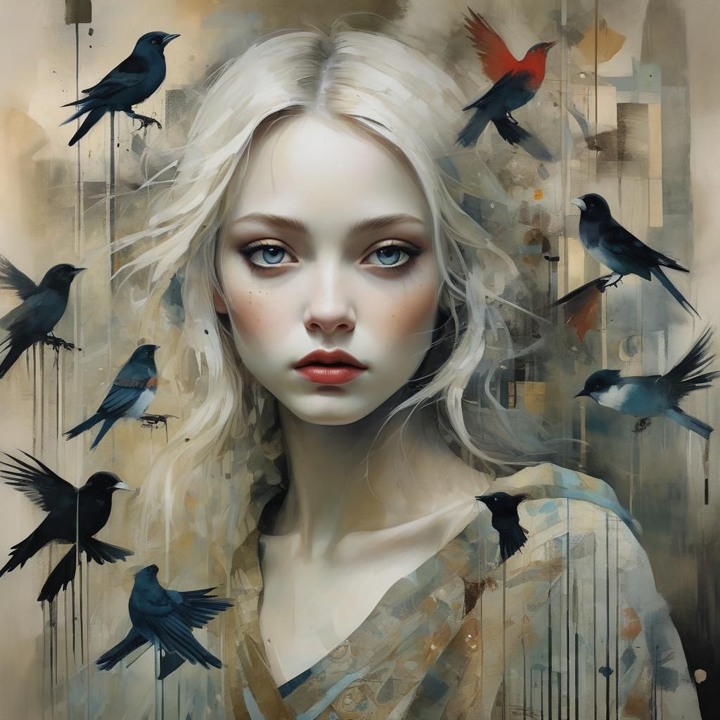 Surreal Album Art with Birds in Lyrical Style
