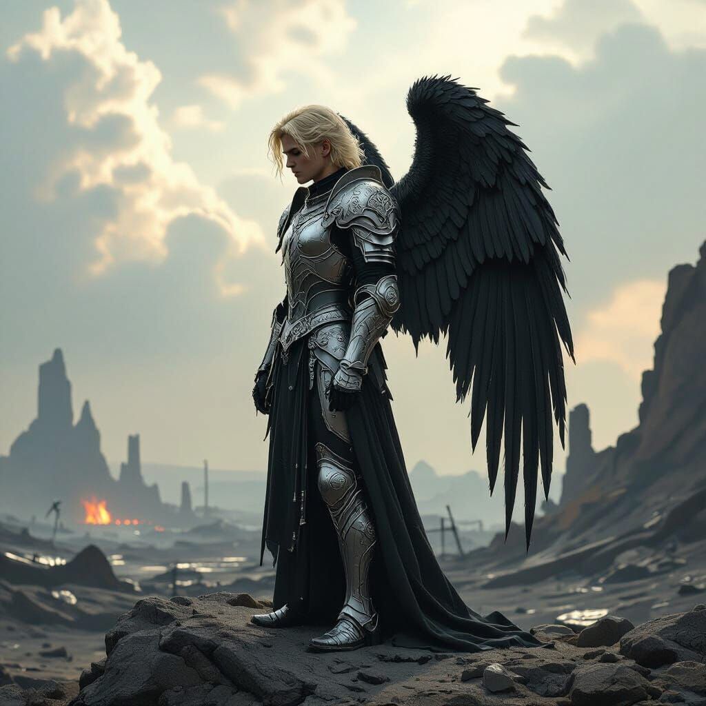 Apocalyptic Angel Overlooking Desolate Battlefield