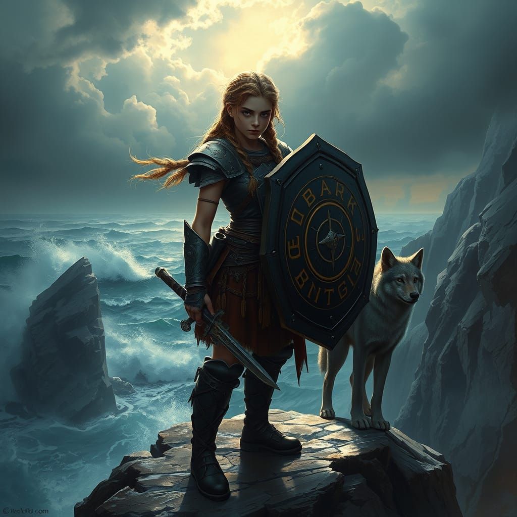 Norse Shieldmaiden Overlooking Stormy Sea: Fantasy Art