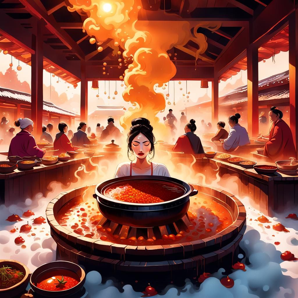 Lady in Spicy Food Hot Pot: Surreal Illustration